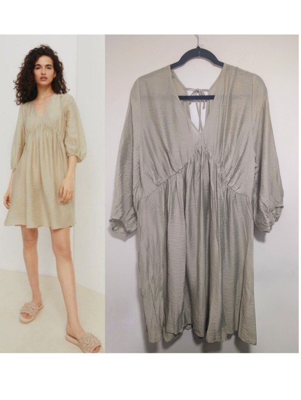 H&M | V-Neck Tie Back Babydoll Mini Dress In Light Beige